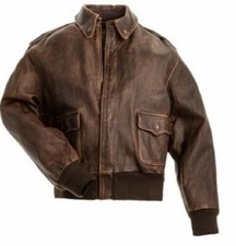 Aviator A-2 Real Cowhide Distressed Leather Bomber Flight Jacket Vintage Brown