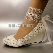 su.cheny Light ivory white pearls rhinestone lace wedges Wedding Bridal shoes