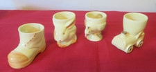 SET OF 4 RETRO CERAMIC EGG CUPS - TRAIN / BOOT / RABBIT / CHICKEN