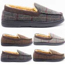 MENS CHECK WARM MOCCASINS FAUX SUEDE SHEEPSKIN FUR LINED WINTER SLIPPERS SHOES