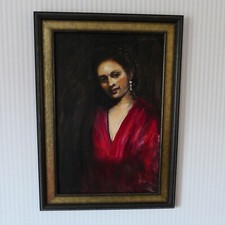 British School - Unsigned Portrait of a Lady in a Red Dress - Oil on Board
