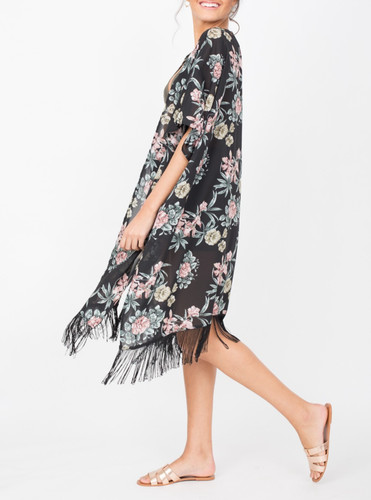 Black floral kimono cover - floral, up