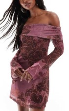 ASOS Design Bardot Flute Sleeve Paisley Mini Dress Size 12-14 M Brand New