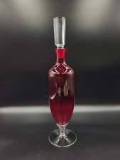 Mid-century Ruby Glass Decanter, Clear Twist Stem And Foot, Ground Glass Stopper