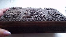 Kashmiri Wood Box Walnut / Teak 2 Compartments Hand Carved Ornate Decoration 8 "