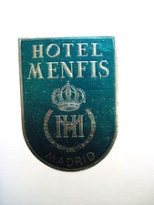 Vintage Travel Luggage Label for "Hotel Menfis, Madrid" w/ Gold Crown *