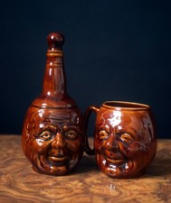 Vintage Montrose Scotland Toby Jug & Decanter Set Brown Glazed Ceramic Character