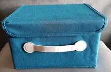 NIP Small Lidded Foldable Teal Blue Fabric Storage Box With White Handle 