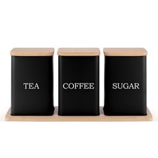 EHC Set of 3 Tea, Coffee & Sugar Canister Storage Jar Container Set With Wood Ai