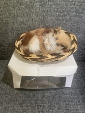Vintage Lifelike Sleeping Ginger White Kitten Cat Figure Rabbit Fur Basket 6 in