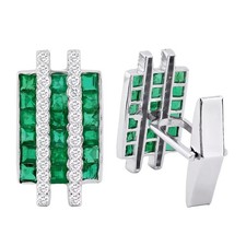 Unique 18K White Gold Over Diamond & Deep Green Emerald Cufflinks For Men 6.60ct