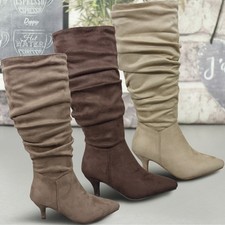 womens low kitten heel knee high boots shoes slouch ruffled pointed toe new size