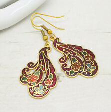Beautiful Vintage Cloisonne Enamel Red Oriental Gold Drop EARRINGS Jewellery