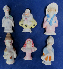 6 Small Antique Porcelain Half Dolls Pincushion Toppers Pierro Pompadour Flapper