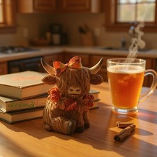 Highland Cow With Autumn Bow Ornament Resin Gift Box Brand New 10.5cm Cute Gift