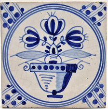 Antique Hand Painted Delft Dutch Blue & White 5" Tile Floral Design AE2