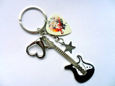 Unusual Black Enamel Electric Guitar Double  Keyring and Jimi Hendrix  Pick