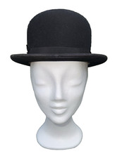 THE FITZWELL HAT VINTAGE BLACK STIFF FELT BOWLER HAT RIBBED RIBBON DETAIL