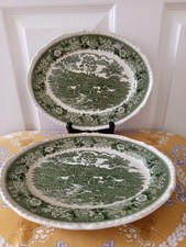 2xVintage Adams English Scenic Green Ironstone Pottery Serving Plates Oval