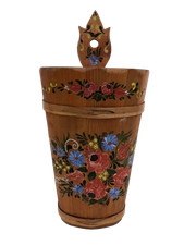 Vintage Hand-Painted Wooden Wall Hanging Bucket Scandinavian Style Pre Loved 