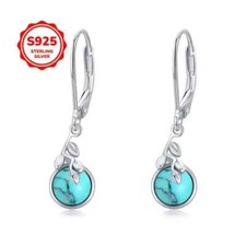 925 Sterling Silver Vine Leaf Turquoise Drop Earrings in Gift Box