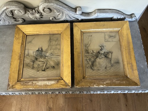 Pair antique drawings in - a,