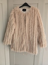 Ladies Womens River Island Rose Blush Beige Faux Fur Jacket Coat Embellished S
