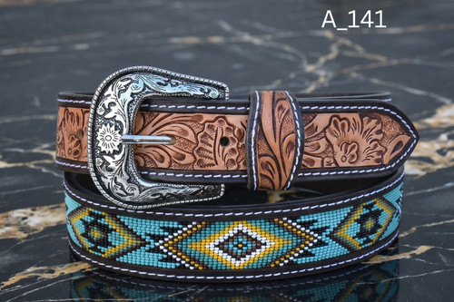 Western beaded leather belt - leather,