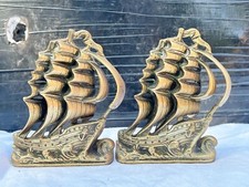 ANTIQUE PAIR OF BRASS SHIP DESIGN BOOKENDS NAUTICAL GALLEONS