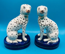Pair of Staffordshire England pottery Dalmatian Dog Figures on Blue Base