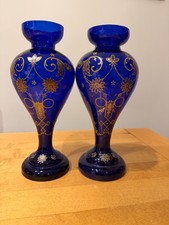 Pair / 2 x Vintage Bohemian Cobalt Blue Glass Vases Gold Gilt Hand Painted 11” 