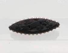 Antique Whitby Jet Oval Brooch or Pin - Shamrocks - Hallmarked Silver Back