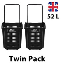 2 x Black Plastic Shopping Basket With Wheels And Telescopic Handle - 52L LARGE