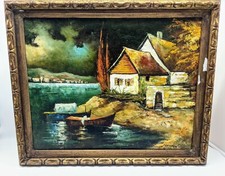 Vintage Original Painting Canvas Lake Cottage Row Boat Signed  Mandin