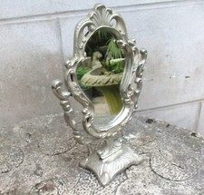Vintage Antique Style Ornate White Metal Tilting Free Standing Oval Table Mirror