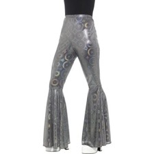 Silver Flared Trousers Ladies 60s Flares Hippy Disco Fancy Dress Size M/L 12-18