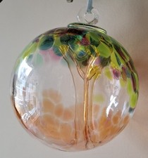 Beautiful Glass Friendship Ball With Colourful Tree Design. Ribbon For Hanging.