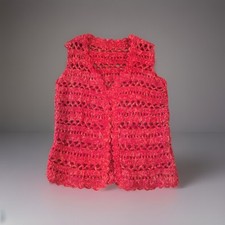Vintage Retro Red Orange Crochet Knit granny  Styled  waistcoat  60s 70s S/M