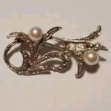 Vintage Silver Tone And Marcasite Brooch With 2 Faux Pearls