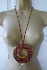 Boho Lagenlook Brown Purple Striped Wooden Circle Pendant 36" 91cm Necklace 006