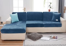 Blue velvet L-shaped sofa