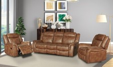 Tan Brown Leather Gel 3 Seater Recliner + 2 Reclining Armchairs Suite - CLIFTON.