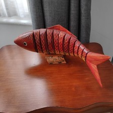 Vintage Carved Wood Reticulated Kinetic Good Luck Fish Sculpture 10”