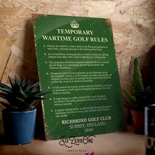 WW2 Wartime Golf Rules Metal Sign.  Vintage worn rusty look Home guard Surrey