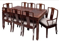 Stunning Asian Hardwood And Mother-of-pearl Inset Dining Table And Eight Chairs
