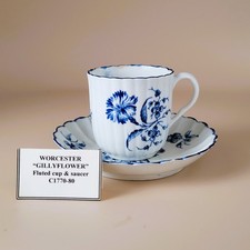 First Period Worcester Porcelain Gillyflower Fluted Cup and Saucer 18th Century