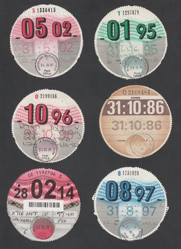 Six used tax discs - tax,