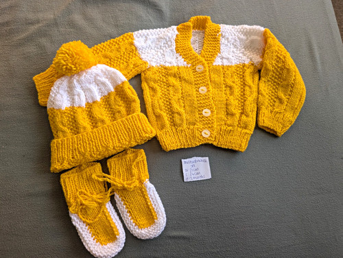 Mustard white hand knitted - mustard,