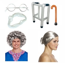 Granny Old Lady Fancy Dress Costume Accessories Wig Zimmer Walking Stick Pearls