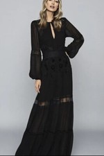 Reiss Womens Francesca Black Lace Maxi Dress UK 10 US14 Long Sleeve Cutout Sheer
